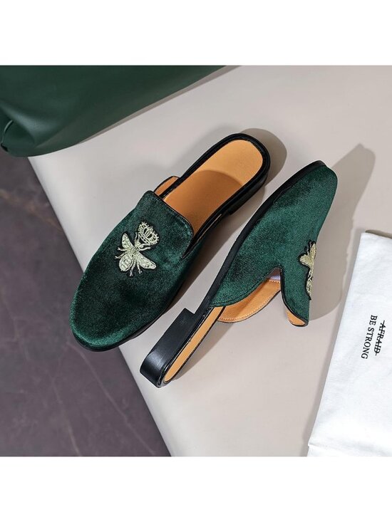 Men\'s Green Rubber Sole Velvet Leather Crown Embroidery Slip On Loafer Slippers